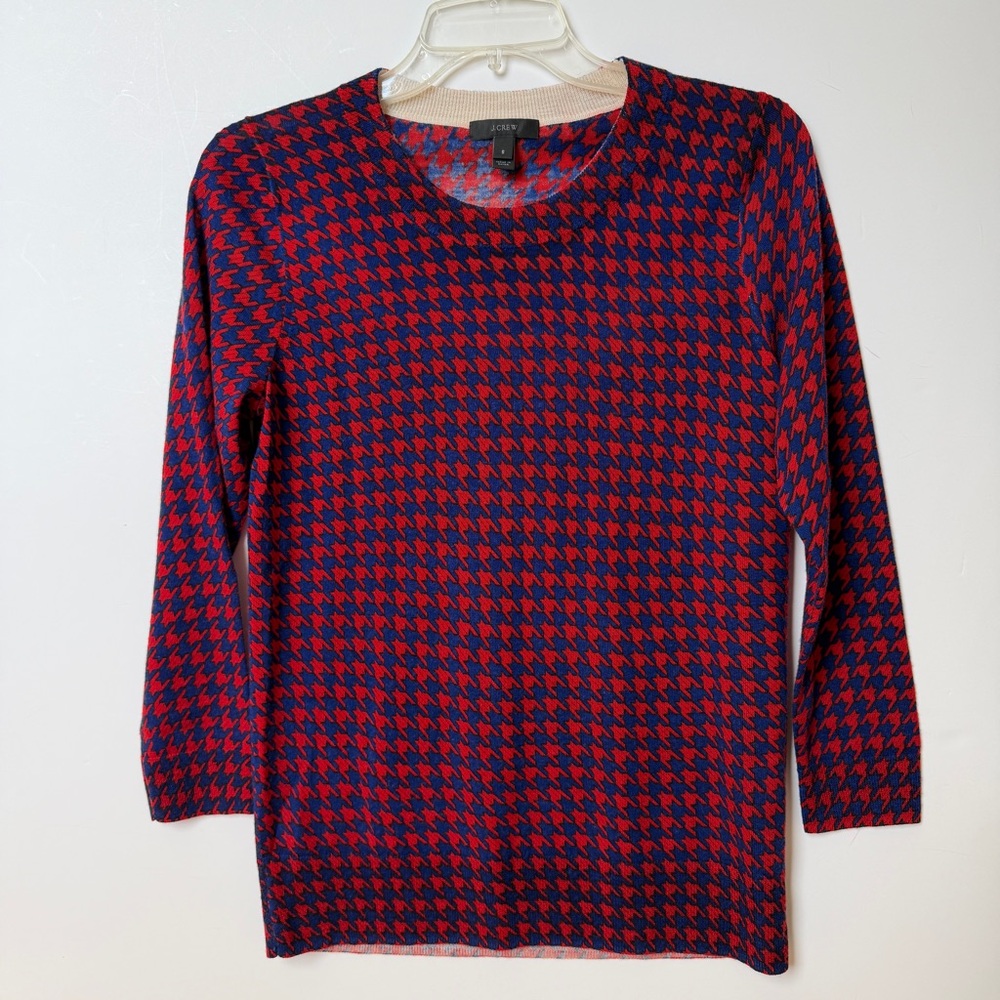 J. Crew Red and Blue Houndstooth Tippi Sweater Size Small